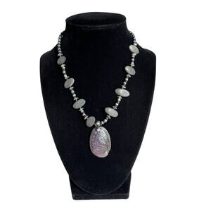 Abalone Shell Style Pendant Beaded Necklace Gray Stone Strand Iridescent Womens